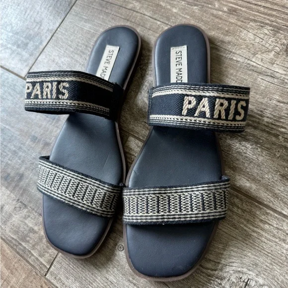 Steve Madden Navy & Cream 'Paris' Two-Strap Slide Sandals - Picture 2 of 4